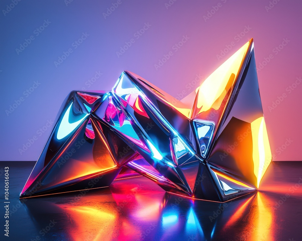 Wall mural sharp angular forms in metallic finishes with glowing neon reflections