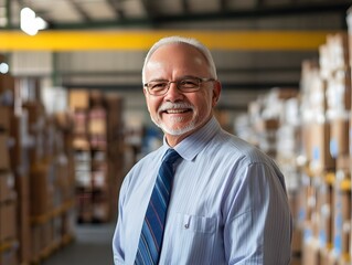 Obraz premium Smiling senior businessman posing in a warehouse with shelves of boxes
