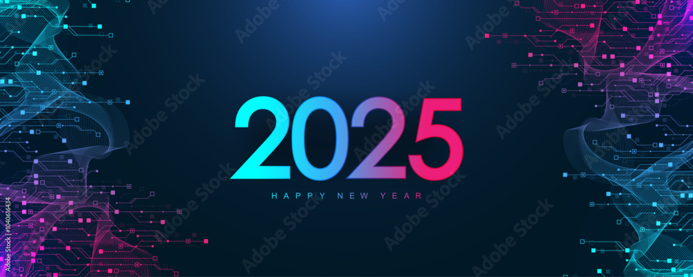 Leinwandbilder Digital technology abstract poster template 2025 with circuit board texture. Tech digital banner or header 2025 New year