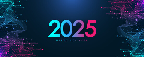 Digital technology abstract poster template 2025 with circuit board texture. Tech digital banner or header 2025 New year
