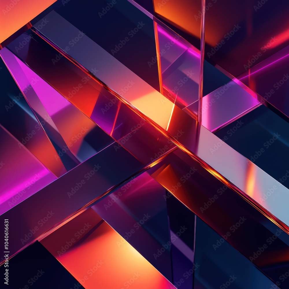 Wall mural sharp, angular shapes with neon light reflections and gradient transitions