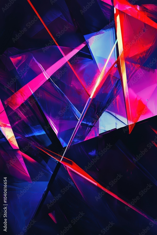 Wall mural sharp angular shapes with neon accents and shadowy backgrounds