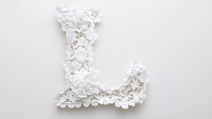 12. A letter L crafted from delicate lace, showcased on a white background