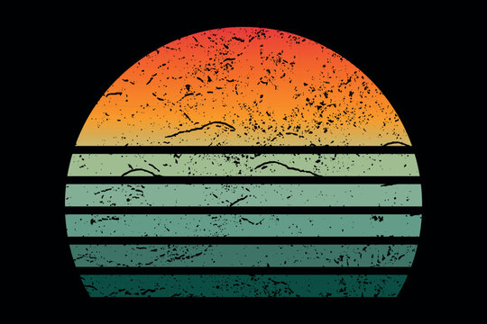 Print on demand t shirt design template with vintage retro sunset background graphic in 80s style