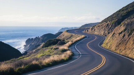 A scenic coastal drive along winding roads with ocean views, Road trip adventure theme, Scenic style