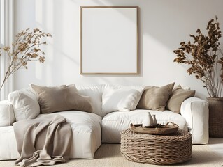  Blank white poster mockup in a modern living room with minimalist decor and clean lines. 3d rendering