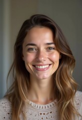 Fototapeta premium A smiling Caucasian young beautiful woman from France, embodying warmth and joy. Her relaxed demeanor and carefree expression convey a sense of happiness and approachability. Generative AI