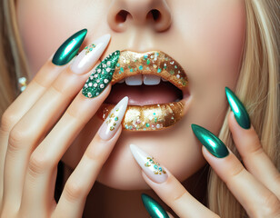 Female hand with green polish on long nails on a background of a face and golden lips