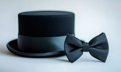 A black top hat and a black bow tie are displayed on a white background