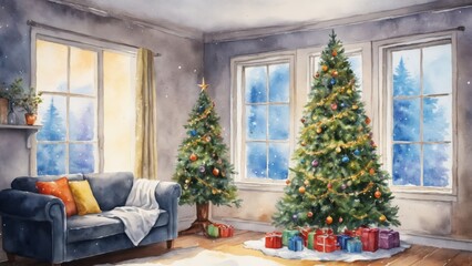 Cozy holiday living room with beautifully decorated Christmas trees and snowy window view