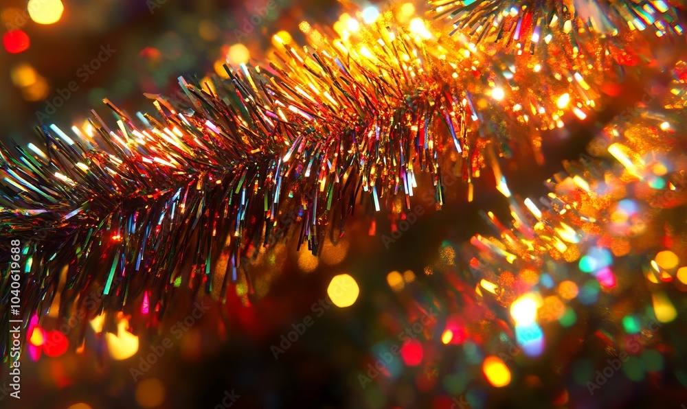 Poster glittering tinsel draped over a christmas tree branch, with each strand reflecting light and adding 