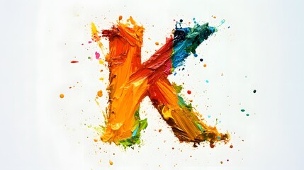 37. A letter K formed from colorful paints, splattered artistically on a white background
