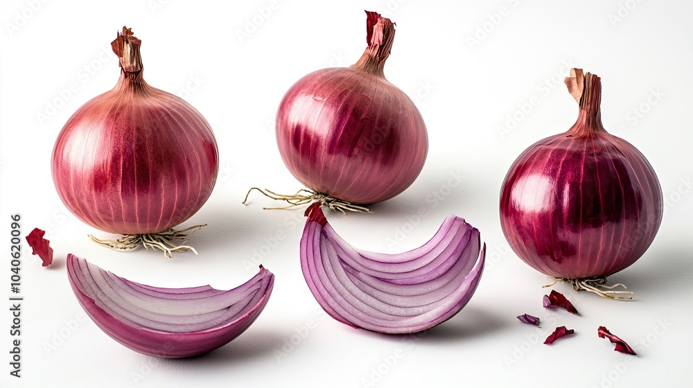 Poster fresh red onion bulbs grouped with cut segments on a white backdrop generative ai