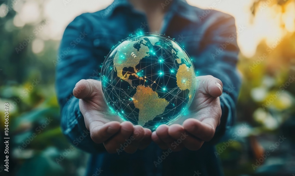 Poster man hands holding global network and data customer connection on nature background