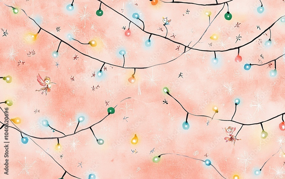 Aufkleber colorful string lights with whimsical illustrations on a soft pink background create a cheerful atmo