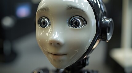 Fototapeta premium A detailed shot of the intricate facial recognition and emotion synthesis capabilities of a humanoid social companion robot in a social robotics lab, Robotics style, photo of