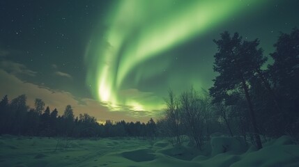 Aurora Borealis or Northern Lights dancing over a snowy landscape