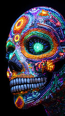 Naklejka premium Colorfully decorated skull with vibrant beadwork and glowing eyes on a dark background showcasing intricate designs