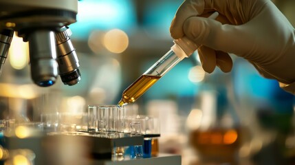 Biochemist conducting an experiment, carefully measuring substances with pipette
