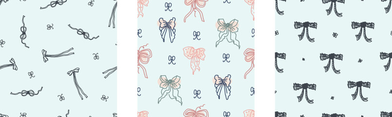 Set of seamless pattern with ribbon, bow. coquette, pattern background, print, pattern, greeting card, wrapping paper, fashion, fabric, textile, wallpaper, cover. Childish naive doodle vector art