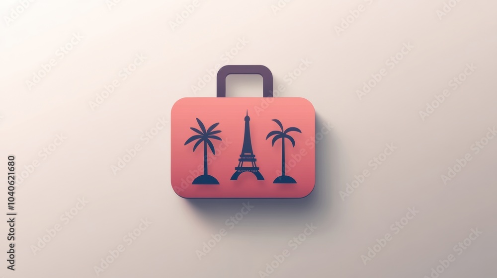 Poster a colorful suitcase icon features travel-themed stickers showcasing landmarks like palm trees and th