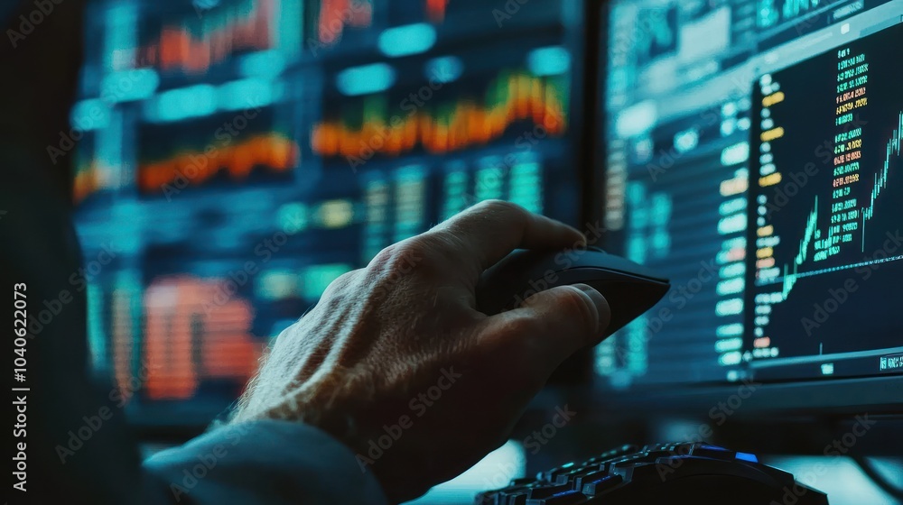 Poster hand using a computer mouse to analyze stock market data