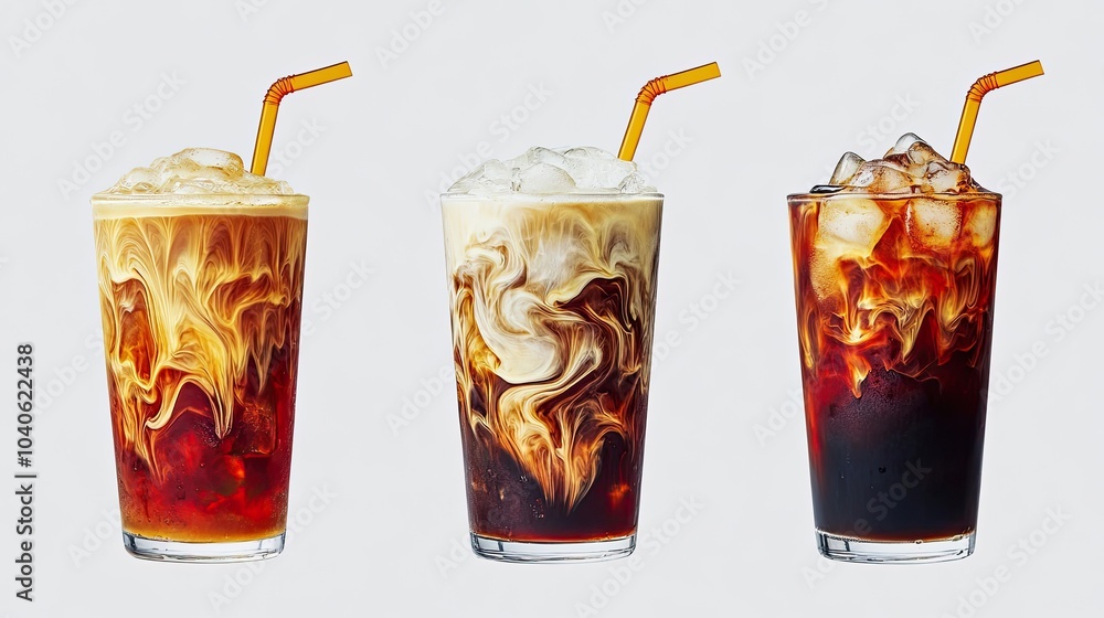 Aufkleber three refreshing iced coffees with swirls of cream on a sunny day generative ai