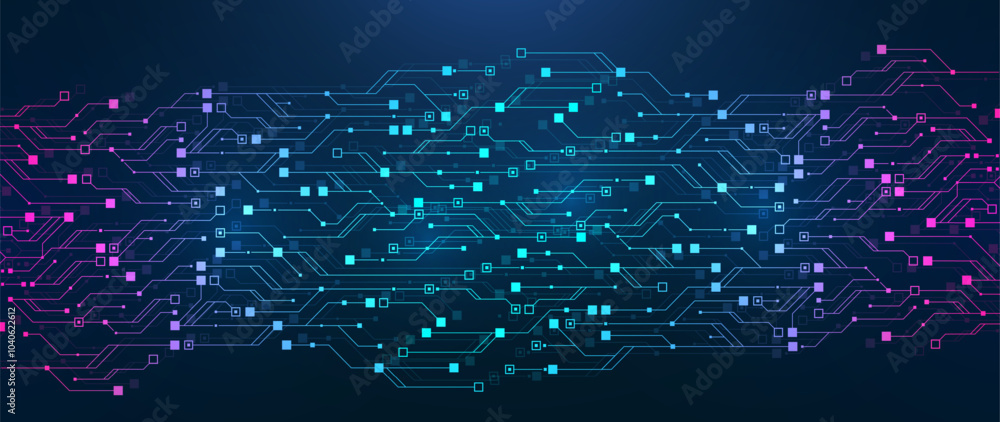 Poster Artificial Intelligence with circuit electric line style. Digital futuristic machine learning design. AI graphic design for website, banner, header, social media, mobile app, UI. Vector illustration