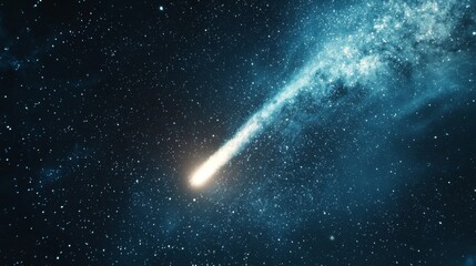 Close-up of a comet passing through the night sky, leaving a trail