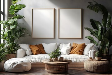  Blank white poster mockup in a modern living room with minimalist decor and clean lines. 3d rendering