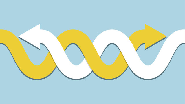 Two arrows intertwine in opposite directions on a light blue background