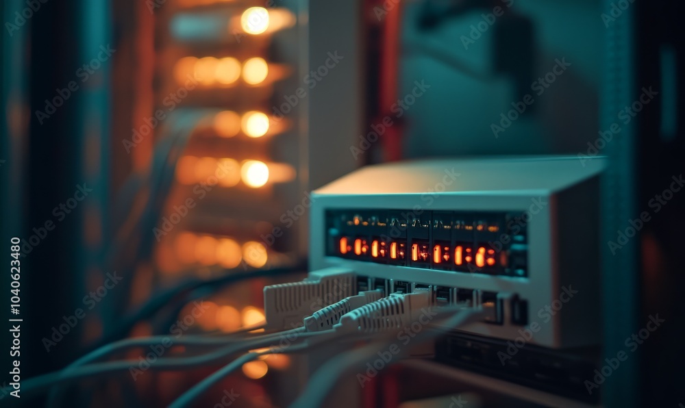 Poster elegant selective focus at router internet router on working