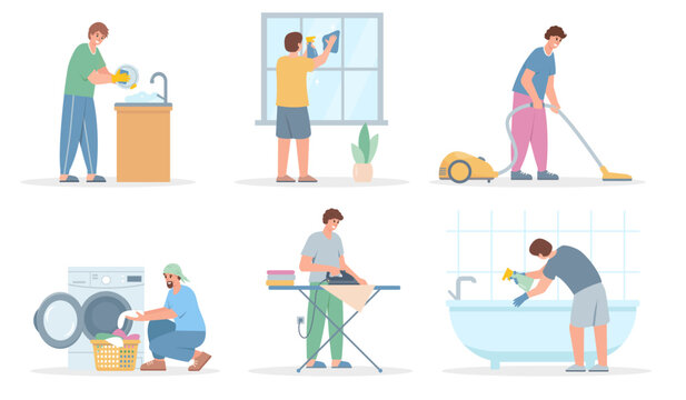 Set male characters doing housework. Man Washing Dishes, clothes, bath and window, Vacuuming and ironing. People and daily routine. Vector illustrations on white background.