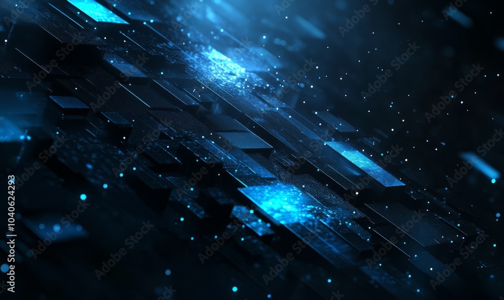 Poster digital space abstract background, dark cyberspace with data blocks and blue bright light. concept o