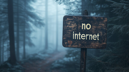 "No Internet" sign or warning in the middle of deep misty, foggy forest. Concept of digital disconnect, digital detox, offline adventure. Generative AI