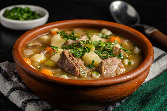 Salvadoran sopa de pata in traditional clay bowl, garnished authentically