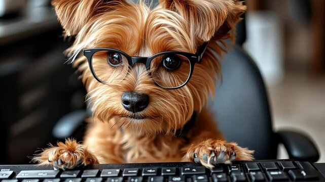 A witty dog dons glasses and playfully interacts with a keyboard, showcasing intelligence and charm in a lively home workspace