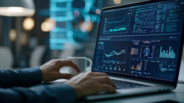 Hands of businessman broker typing on laptop with charts and graphs on screen indicating stock market analysis, business concept