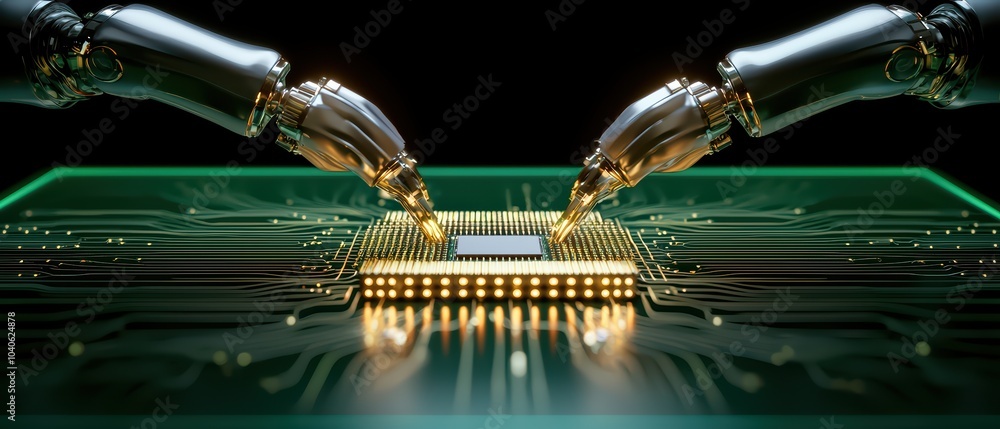 Poster futuristic robotic hands assembling a microchip on a circuit board, showcasing advanced technology i