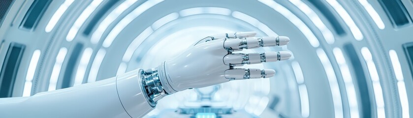 Futuristic robotic hand reaching out in a high-tech environment, showcasing advanced engineering and design.