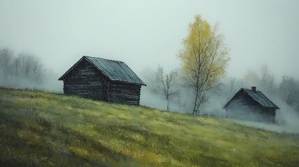 Autumn village in the mist, with golden fall foliage and fog-shrouded houses, perfect for calm and reflective countryside scenes.