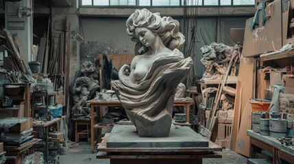 Obraz premium Finished stone sculpture displayed prominently in a workshop setting