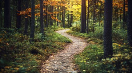 A serene forest landscape with autumn foliage and a winding trail, Nature exploration theme, Tranquil style