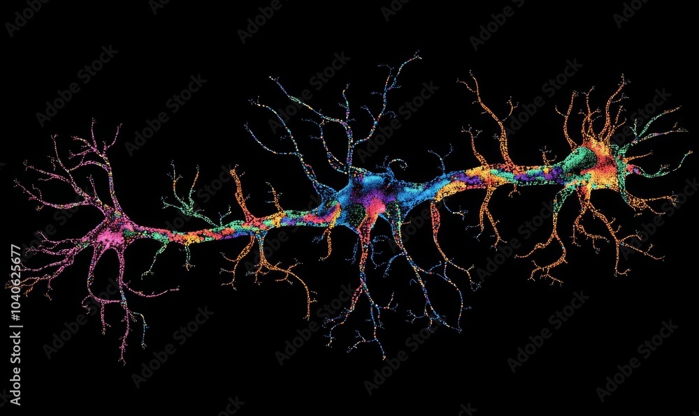 Poster detailed illustration of a single neuron with colorful branching pathways and connections