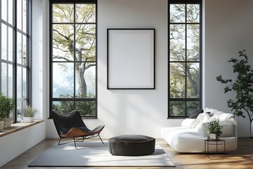  Blank white poster mockup in a modern living room with minimalist decor and clean lines. 3d rendering