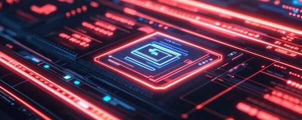 Obraz premium AI software debugging, floating panels, advanced developer tools, neon-lit environment