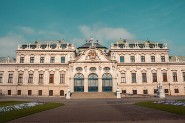 Belvedere Palace in Vienna, Austria.  beautiful garden on sunny day with turquoise sky