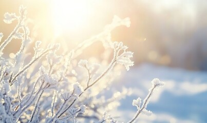 frozen twigs in hoarfrost glisten in the sun. winter landscape with sun flare