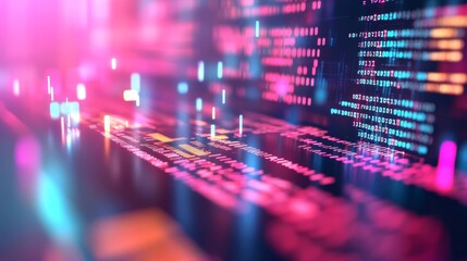 Algorithm code patterns, floating digital fragments, futuristic coding station