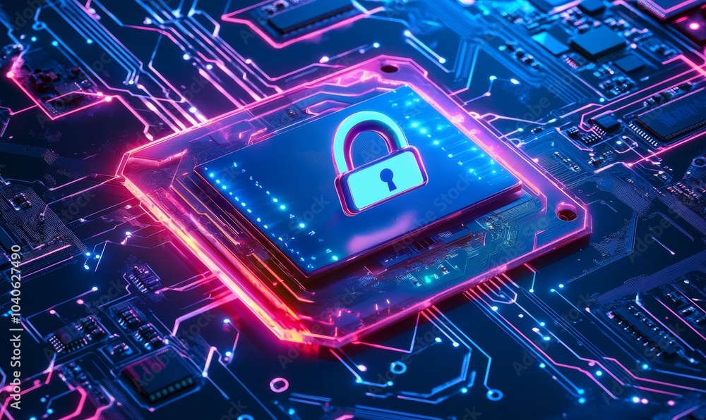 Poster cybersecurity service concept of motherboard and data safety authentication network or ai regulation